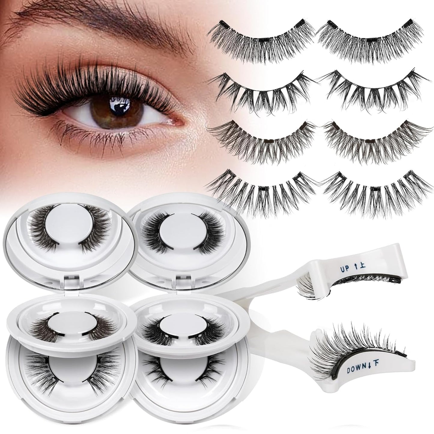 QUEWEL 4 Pairs Magnetic Eyelashes Natural Look, Reusable Magnetic Eyelashes with Applicator, No Glue Needed Lash Clusters Kit, Easy to Wear and Remove(4 Pairs-A02)