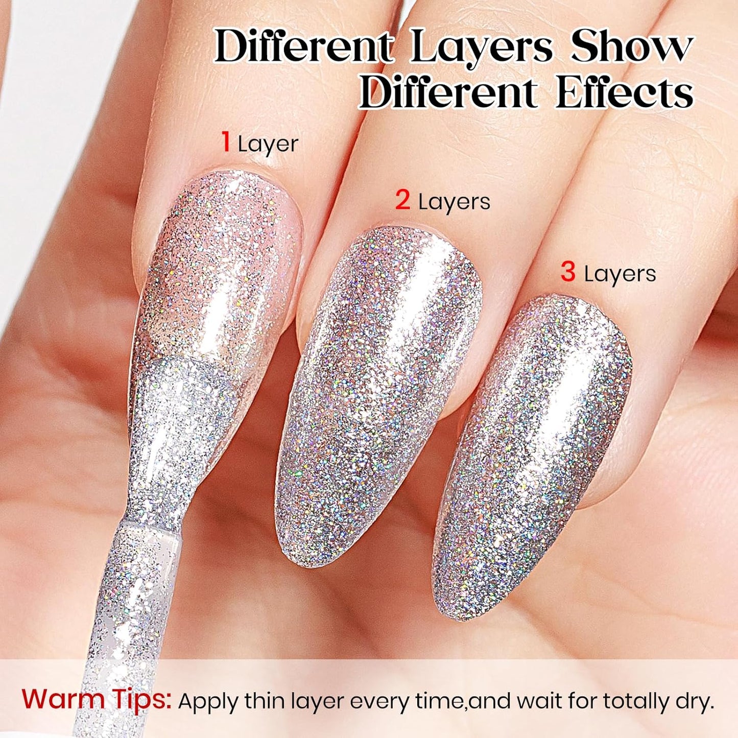 MIZHSE Quick Dry Glitter Nail Polish, Siver Rainbow Nail Polish Air Dry Fast, 15ml High Glossy Sparkly Shiny Shimmery Iridescent Silver Nail Art Salon Manicure Home