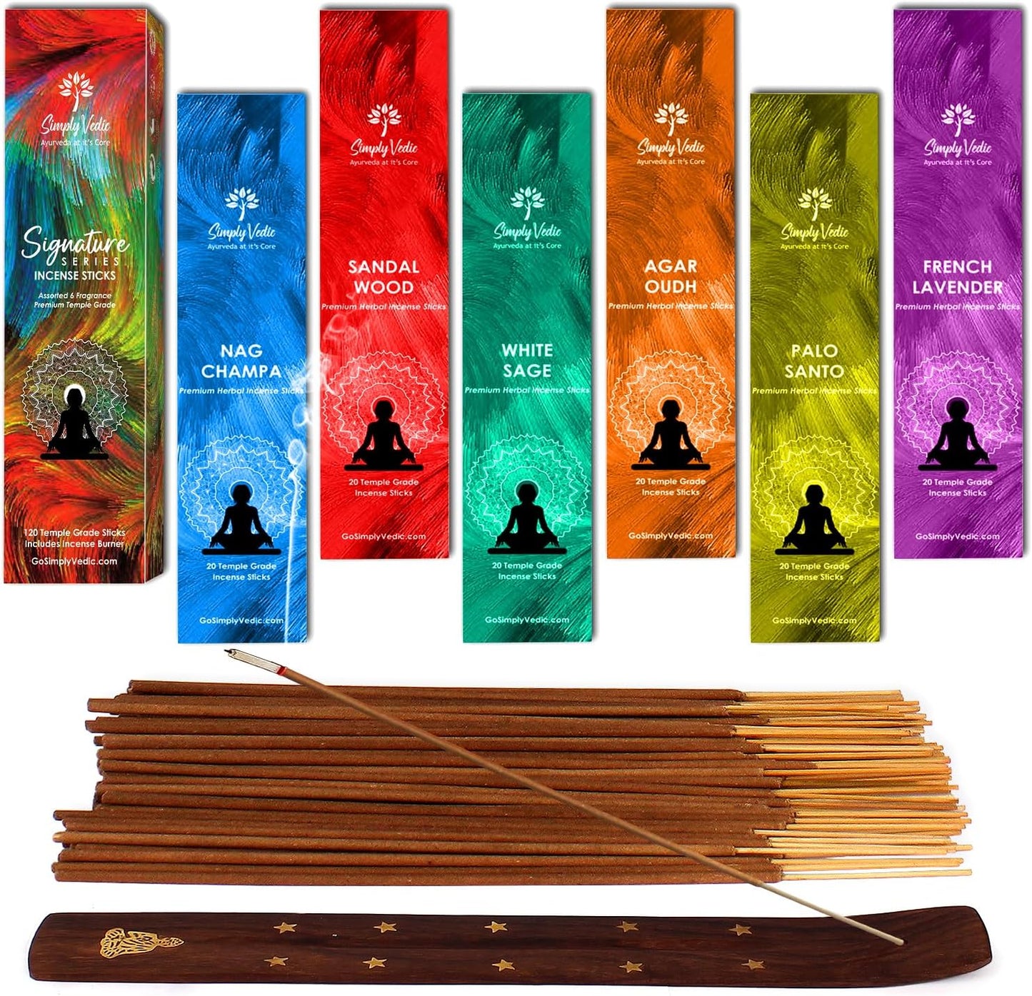 Signature Incense Sticks Gift Set | 120 Natural Hand-Rolled Non-Toxic Agarbatti with Holder | Sandalwood, Nag Champa, Oudh, Palo Santo, Lavender, Sag | Aromatherapy Meditation Pooja Home