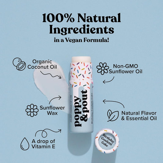 Poppy & Pout Birthday Cake Jumbo Lip Balm | All Natural Lip Balms & Moisturizers | Hydrates with Beeswax, Vitamin E, Organic Coconut Oil | Cruelty-Free | Lip Balm in Recyclable Cardboard Tube (Blue)