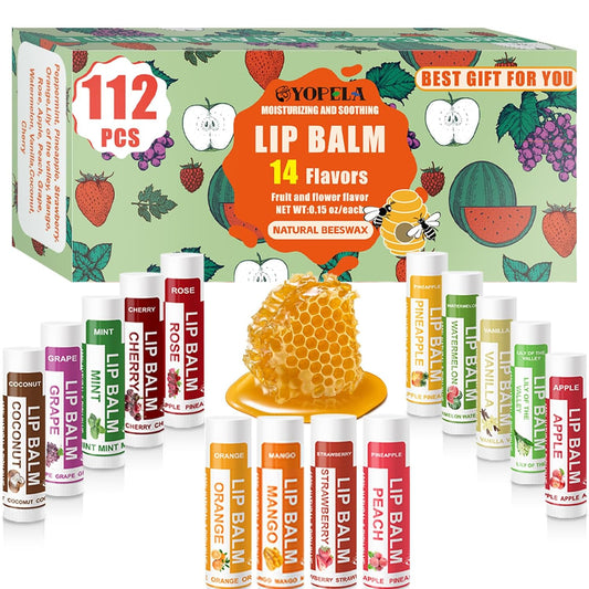 YOPELA 112 Pack Natural Lip Balm Bulk Lip Moisturizer with Vitamin E and Coconut Oil - Hydrating, Moisturizing, Soothing, and Repairing Dry and Chapped Lips Valentine's Gift - 14 Flavors - Non-GMO