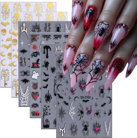 6 Sheets Halloween Nail Art Stickers 3D Self -Adhesive Ghost Bat Spider Nail Decals Holographic Spider Web Skeleton Blood Drop Nail Stickers Halloween Nail Decoration for Women Manicure Supplies