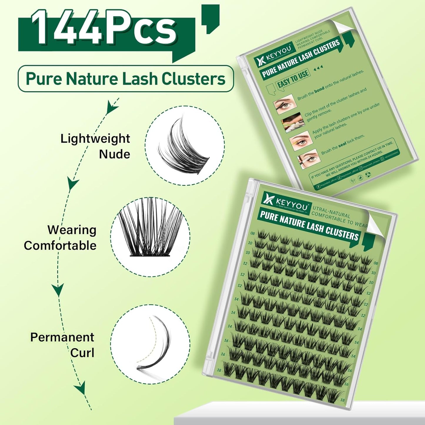 Natural Lash Clusters Wispy Eyelash Clusters 144 pcs Cluster Eyelash Extensions D Curl Individual Lashes 8-18MIX Mix Length Light and Natural Lashes Look with Thin Lash Band by KEYYOU(N03-8-18MIX-D)