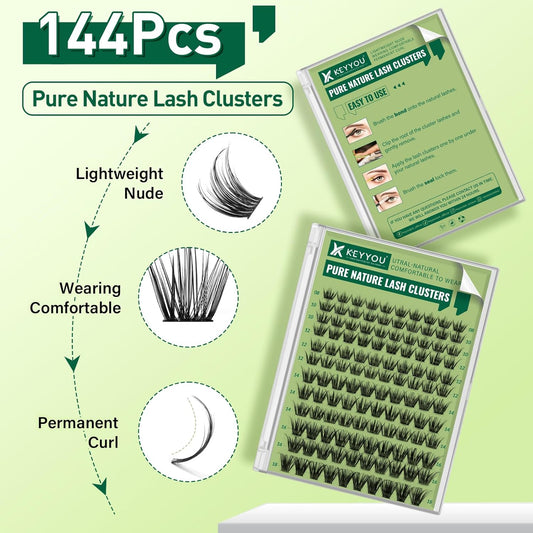 Natural Lash Clusters Wispy Eyelash Clusters 144 pcs Cluster Eyelash Extensions D Curl Individual Lashes 8-18MIX Mix Length Light and Natural Lashes Look with Thin Lash Band by KEYYOU(N03-8-18MIX-D)