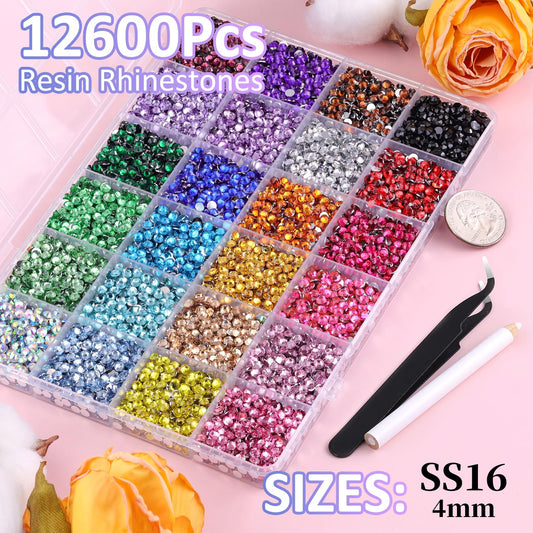 12600Pcs Resin Rhinestones for Bedazzling with Tweezers, Multicolor 4mm Rhinestones for Crafting with 3Pcs 10ml B7000 Jewelry Glue for DIY Crafts Clothing Tumblers Shoes Fabric Nail Art