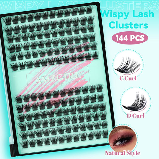 Wispy Lash Clusters Eyelash Extensions 144pcs Individual Lashes Cluster 14mm D Curl Fake Eyelash with Thin Band DIY Cluster Lashes At Home For Beginners (D-14mm)