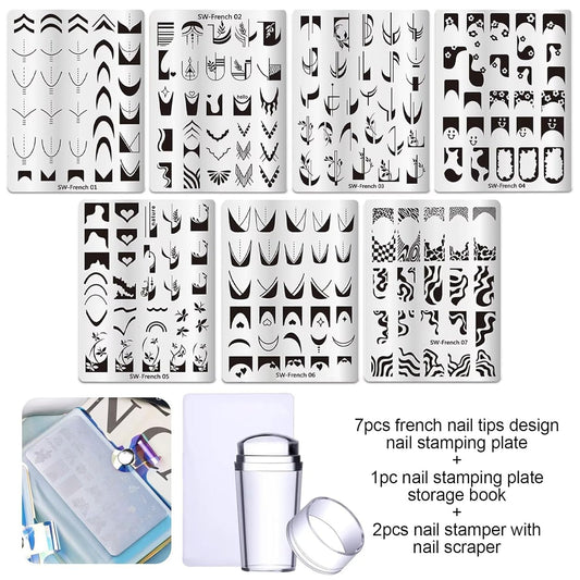 French Tip Nail Stamping Plate- 10 pcs Nail Stamper Kit Silicone Nail Stamper French Nail Stamp with Nail Art Stamps Storage Bag Nail Stamp Template Nail Supplies for Salon DIY