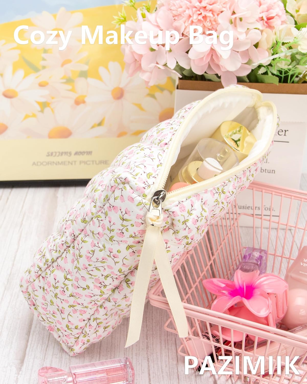 Quilted Makeup Bag Large Travel Zipper Soft Cosmetic Pouch for Women Girls Make Up,Floral Pink