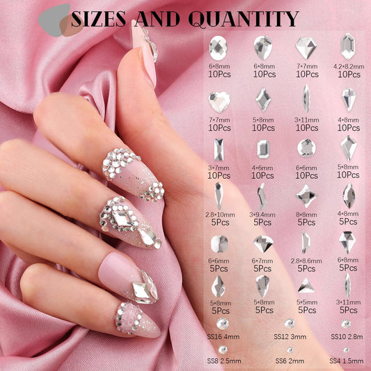 1680Pcs Silver Clear Nail Rhinestones 180Pcs Multi Shapes Glass Flatback Nail Gems + 1500Pcs 1.5-4mm Round Crystal with Rhinestones Glue Gel, Manicure Nail Charms Diamond Gemstones for Nail Art