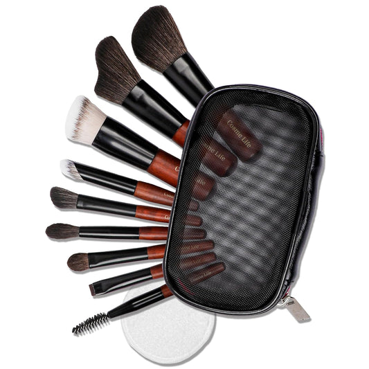 Cosme 9 FLAWLESS FACE MINI Makeup Brush Set: Foundation, Eyeshadow, Blush, Contour, Powder Make Up Brush Set & Case. Synthetic & Natural Hair Makeup Brushes inspo by Japanese Travel Makeup Brushes