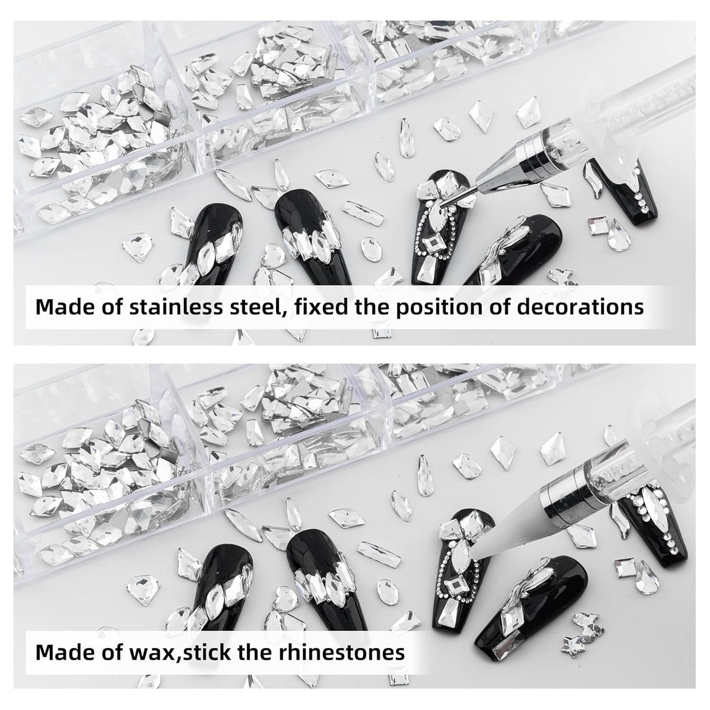 Nail Art Rhinestones, Nail Gems and Rhinestones Kit with Wax Pencil 1000 Pcs Flatback Rhinestones for Nails Decorations, Crafts, Makeup, Face, Clothes, Shoes