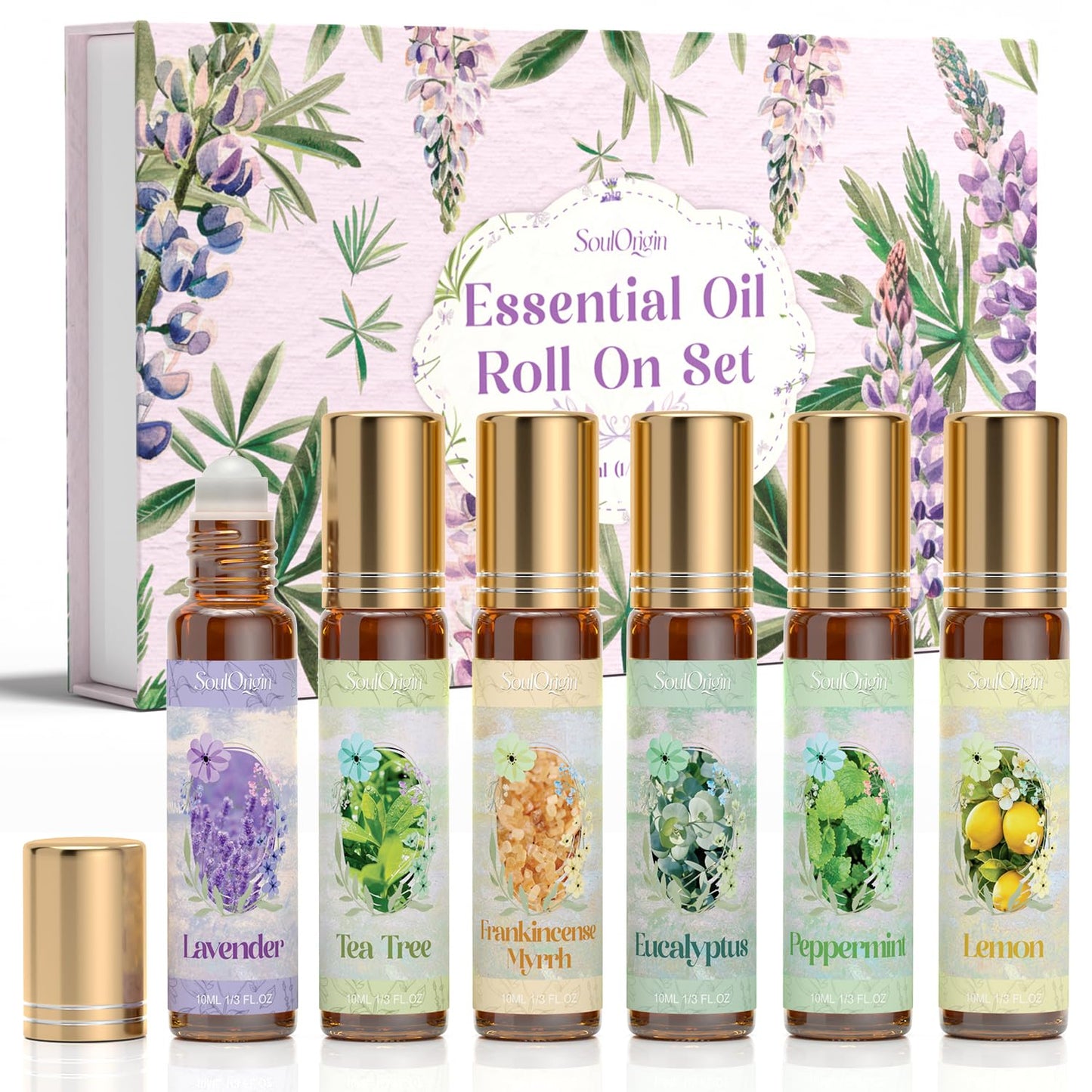 Essential Oil Roll On Set, Natural Aromatherapy Oils with Portable Roller Ball for Skin Care- Tea Tree, Frankincense & Myrrh, Lavender, Peppermint, Eucalyptus, Lemon - Gifts for Women & Men