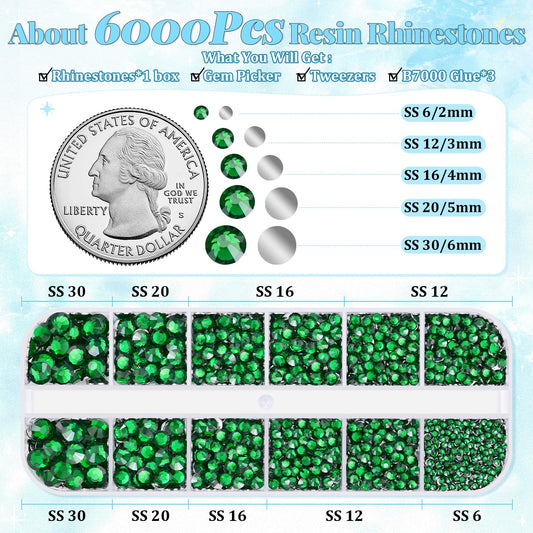 6000Pcs Resin Rhinestones for Bedazzling with 3Pcs B7000 Jewelry Glue, 1 Box Emerald Green Flatback Rhinestones for Crafting Crafts DIY, Crystals Gems for Clothing Shoes Tumblers Nail Art Makeup