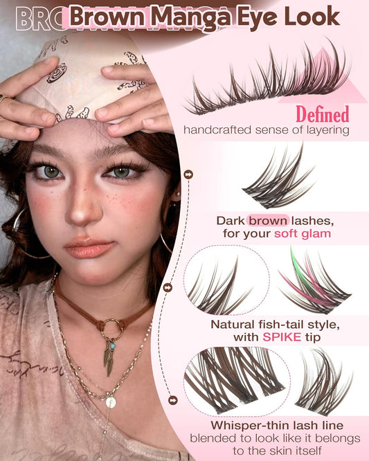 Brown Manga Lash Clusters Natural Cluster Eyelash Extensions CD Curl Wispy Fairy Eyelashes Clusters Waterproof Anime Individual Lashes 180pcs
