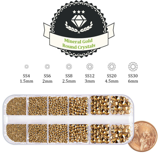 One Pack 2000 Pcs of Flatback Round Mineral Gold Rhinestones 6 Sizes (1.5-6 mm) with Nail Art Rhinestone Picker Pencil and Tweezers for DIY and Salon Use