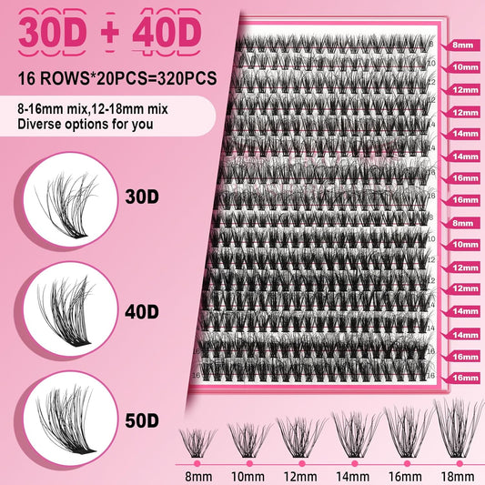 Lash CIusters 320Pcs Individual Lashes 3D Fluffy Cluster Lashes Natural Look Eyelash Clusters Faux Mink Wispy Lashes 30D+40D-D Mixed DIY Lash Extension (3D Fluffy-30D+40D-D,8-16mix)