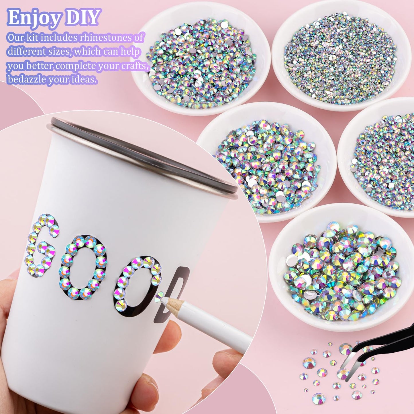 25000Pcs Resin Rhinestones with Tweezers for Crafting, AB 2-6mm Mixed Sizes Non Hotfix Flatback Gems, Bedazzling Crystal for DIY Craft Clothing Mugs Tumblers Shoes Fabric Decor Nail Art