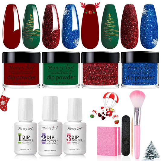 Honey Joy Dip Powder Nail Kit Starter, 4 Colors Christmas Glitter Red Green Blue Dipping Powder Liquid Set with Base Top Coat for Nail Art Manicure Salon DIY, Dip-7pcs-No.15