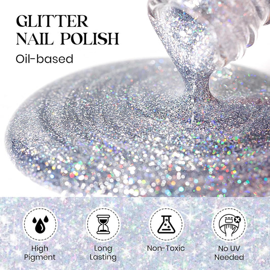 MIZHSE Quick Dry Glitter Nail Polish, Siver Rainbow Nail Polish Air Dry Fast, 15ml High Glossy Sparkly Shiny Shimmery Iridescent Silver Nail Art Salon Manicure Home