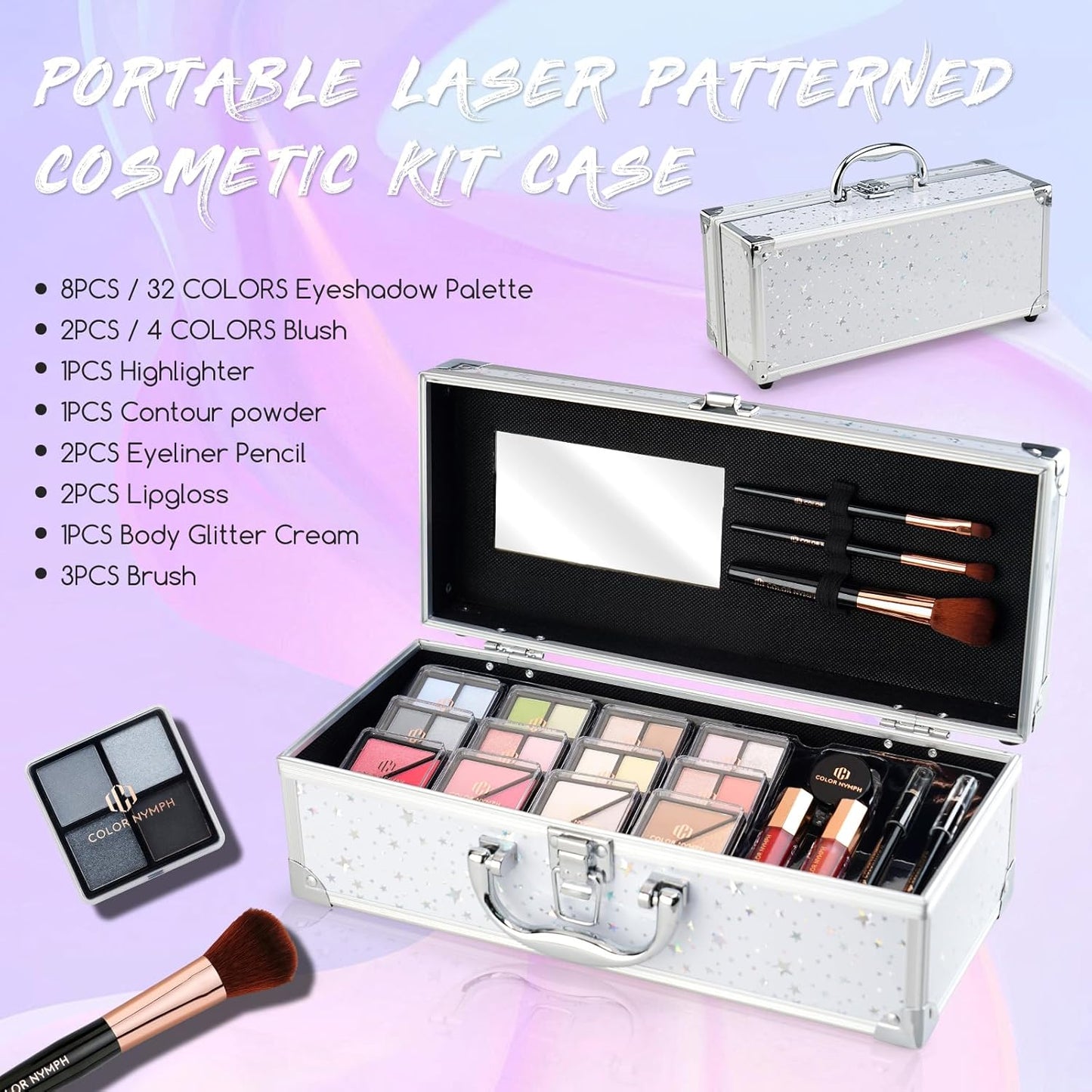 Color Nymph Beginners Makeup Kit With Train Case For Teenagers Girls, Full Starter Cosmetics Set Included 32 Colors Eyeshadow, Glitter Cream, Blush, Highlighter, Lip Gloss and Brush (White)