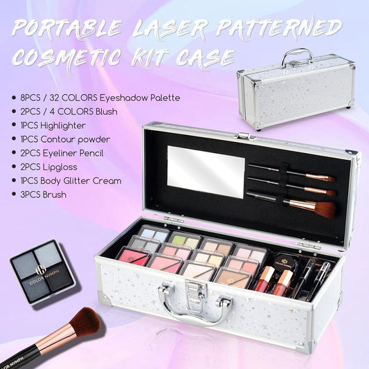 Color Nymph Beginners Makeup Kit With Train Case For Teenagers Girls, Full Starter Cosmetics Set Included 32 Colors Eyeshadow, Glitter Cream, Blush, Highlighter, Lip Gloss and Brush (White)