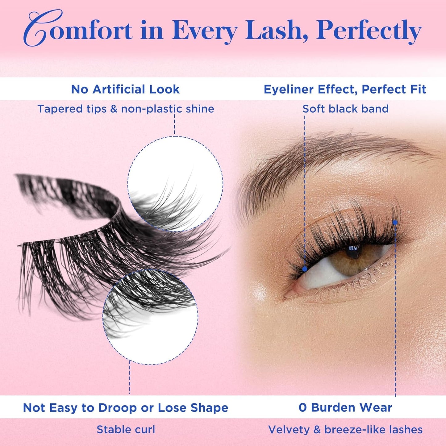 Bepholan Fales Eyelashes 7-14mm Natural Look 3D Volume Eyelashes Pack 5 Pair Soft Thin Black Band Fluffy Fake Lashes Easy to Apply(C0217)