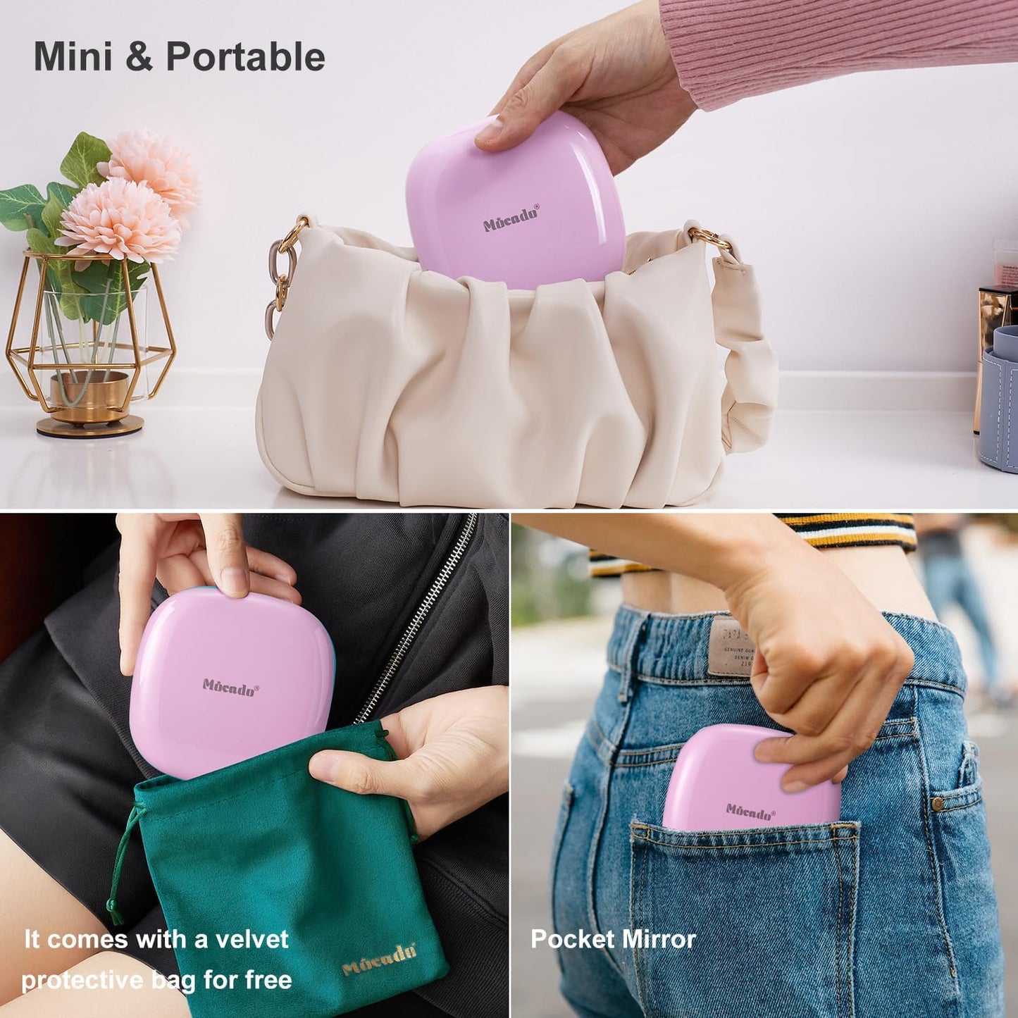 Mocado Compact LED Travel Makeup Mirror - 4 Inches 1X/10X Magnification Travel Mirror with Light Dimmable Double Sides Lighted USB Rechargeable Compact Mirror for Purse,Pocket,Travel(Purple)