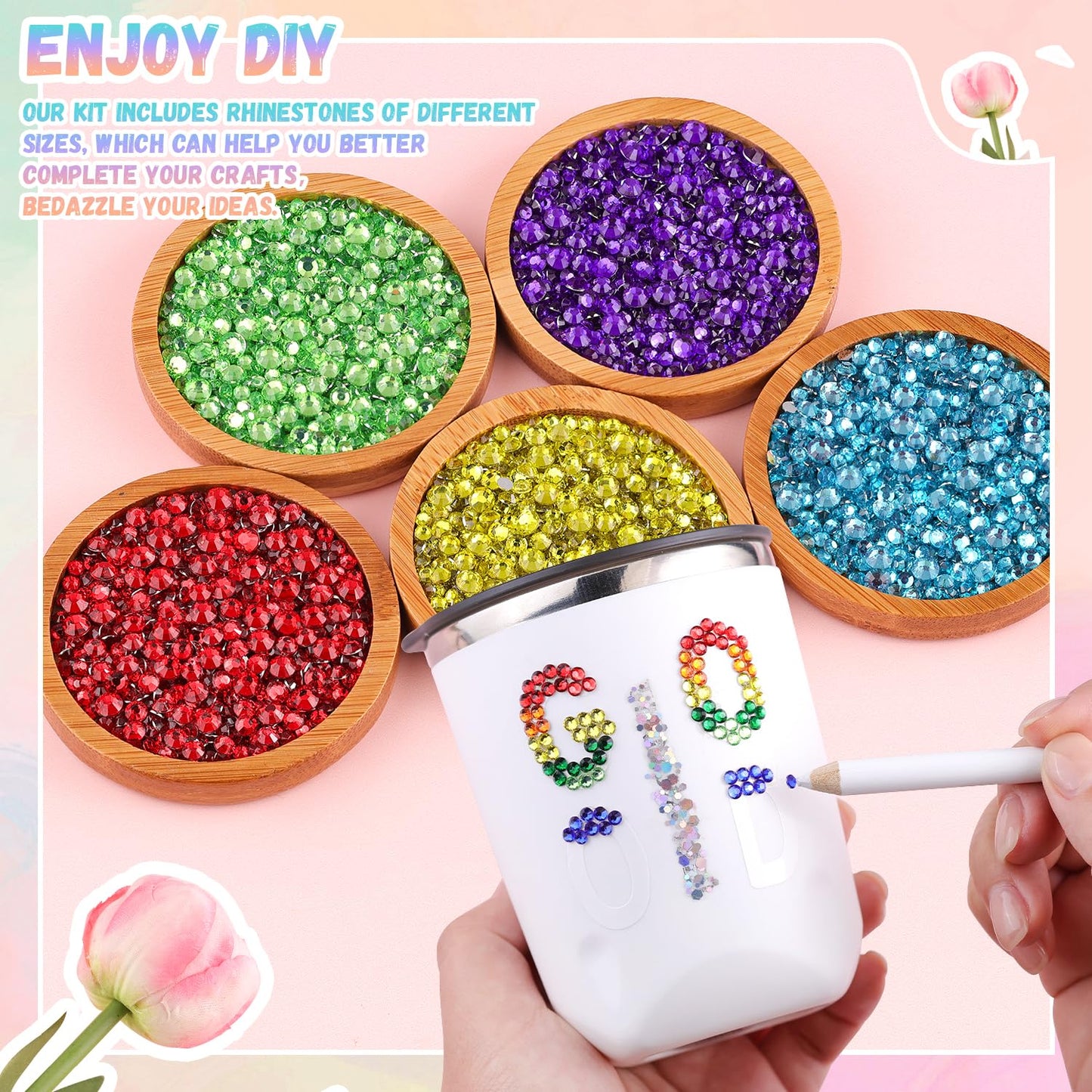 22000Pcs Resin Rhinestones for Bedazzling with 3Pcs B7000 Jewelry Glue, Multicolor 2/3/4mm Flatback Gems Rhinestones for Crafting, Clothing Tumblers Mugs Shoes Fabric Decor Nail Art