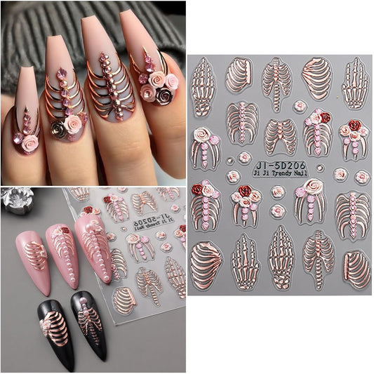 5 Sheets Halloween Nail Art Stickers Decals 5D Nail Decals Gold White Bone Pattern Sticker Self-Adhesive Skull Nails Supplies Accessories 3for Women Halloween Nails DIY Decoration
