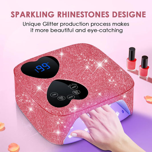 UV LED Nail Lamp Cordless, HUITINE 80W Rechargeable UV Light for Gel Nails with 5 Timers & Mirror Base, Professional Gel Light Dryer, Sparkling Rhinestones Curing Lamp for Salon & Home (Pink Diamond)