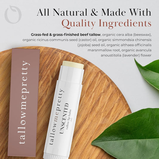 Unscented Lip Balm, Ultra-Soothing, Deeply Hydrating Tallow Lip Balm with Grass Fed Beef Tallow, Beeswax, Jojoba Oil & More, Non Toxic Lip Care, Made in the USA, 0.15 Oz.