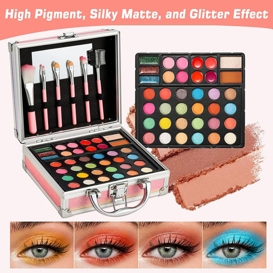 Anpro All-In-One Makeup Carry Case with Pro Teen Makeup Set, Full Starter Cosmetics Kit with Makeup Brushes, Eye Shadows Palette, Blushes, Glitter Gel, Temporary Tattoo Stickers - Colorful