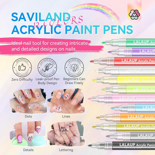 Saviland 12 Colors Nail Art Pens Set - 3D Nail Polish Pens Acrylic Paint Pens Nail Markers for Nail Art Drawing Painting Nail Point Dotting Liner Pen Manicure Tools Nail Design Kit Home Nail Salon DIY