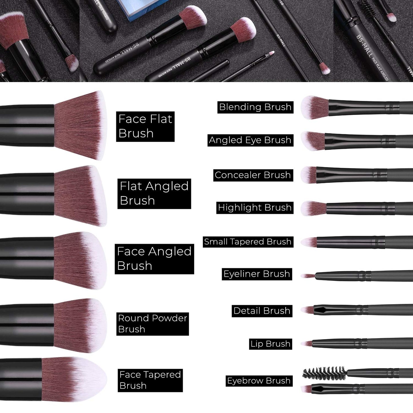 Makeup Brushes BS-MALL Premium Synthetic Foundation Powder Concealers Eye Shadows Makeup 14 Pcs Brush Set, Rose Golden, with Case (Black)