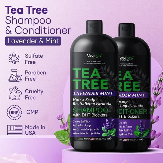 Tea Tree Shampoo and Conditioner Set with Lavender and Mint | DHT Blockers | With 100% Pure Tea Tree Oil for Itchy, Dry Scalp | Sulfate & Paraben Free | For Men & Women | 16 fl oz Each