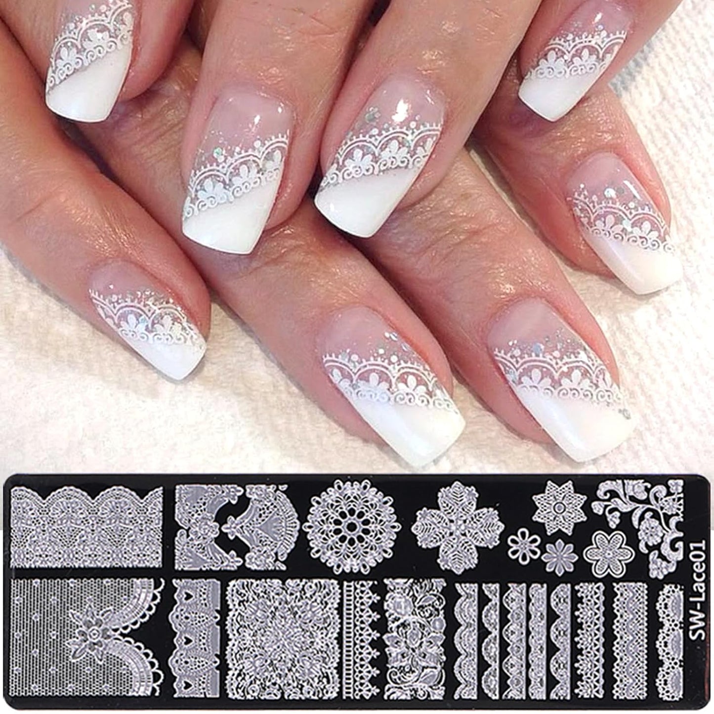 Lace Nail Stamping Plate Set - French Tip Stamp Silicone Nail Stamper Kit Bow Lace Design with Nail Stamp Plates Laser Storage Bag Nail Art Stencil Nail Supplies for Home DIY &Professional Salon