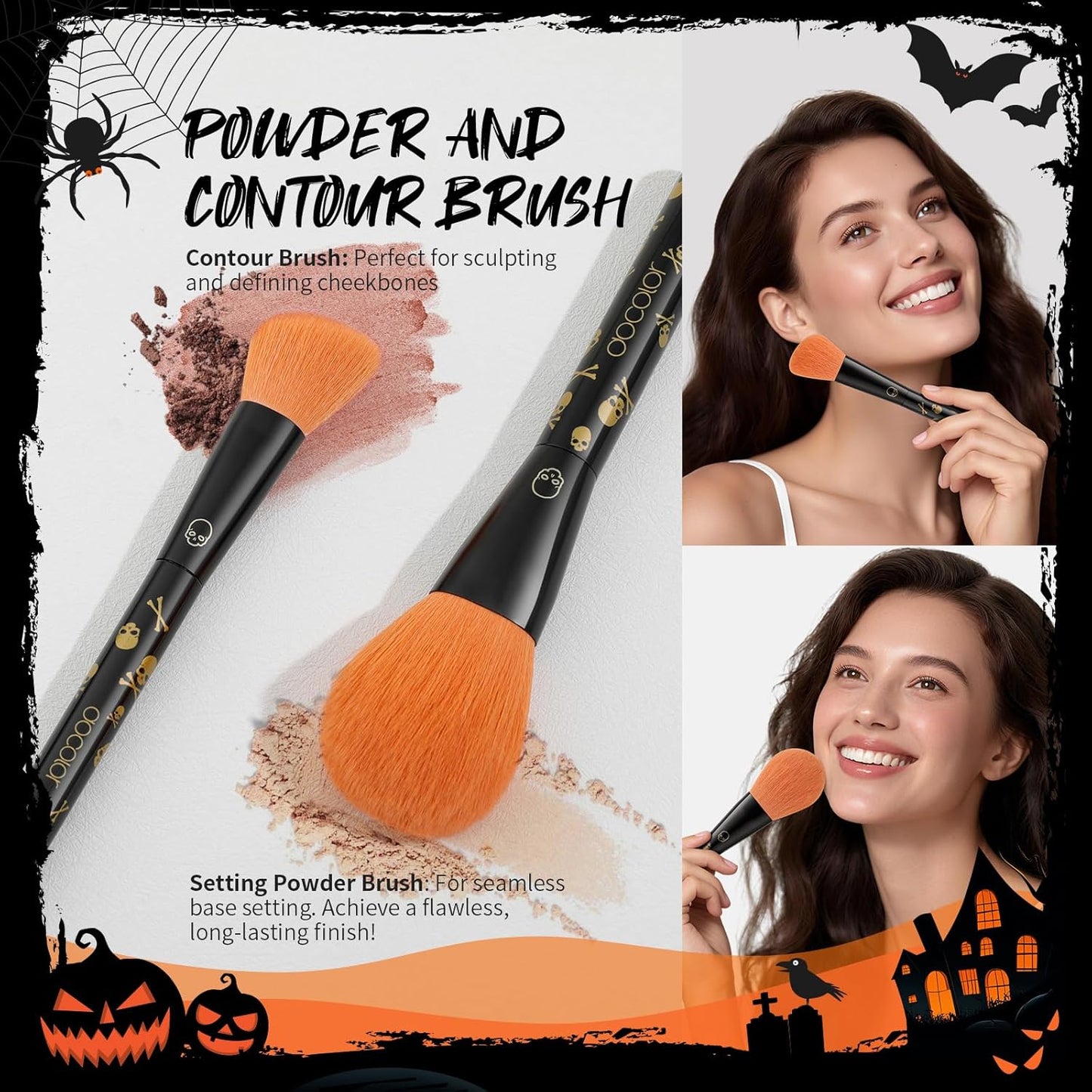 docolor Makeup Brush Set,5PCS Halloween Goth Makeup Brushes Powder Contour Eyeliner Brow Eyeshadow Brush Set with 9 Colors Halloween Eyeshadow Palette,1PC Makeup Sponge Puff&3PCS Halloween Scar Tattoo
