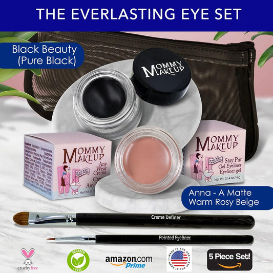The Everlasting Eye 5 Piece Waterproof Makeup Set. Gel Eyeliner, Creme Eyeshadow, 2 brushes and Mesh Bag. Paraben-free, Talc-free, Cruelty-free. Anna/Black Beauty 1201