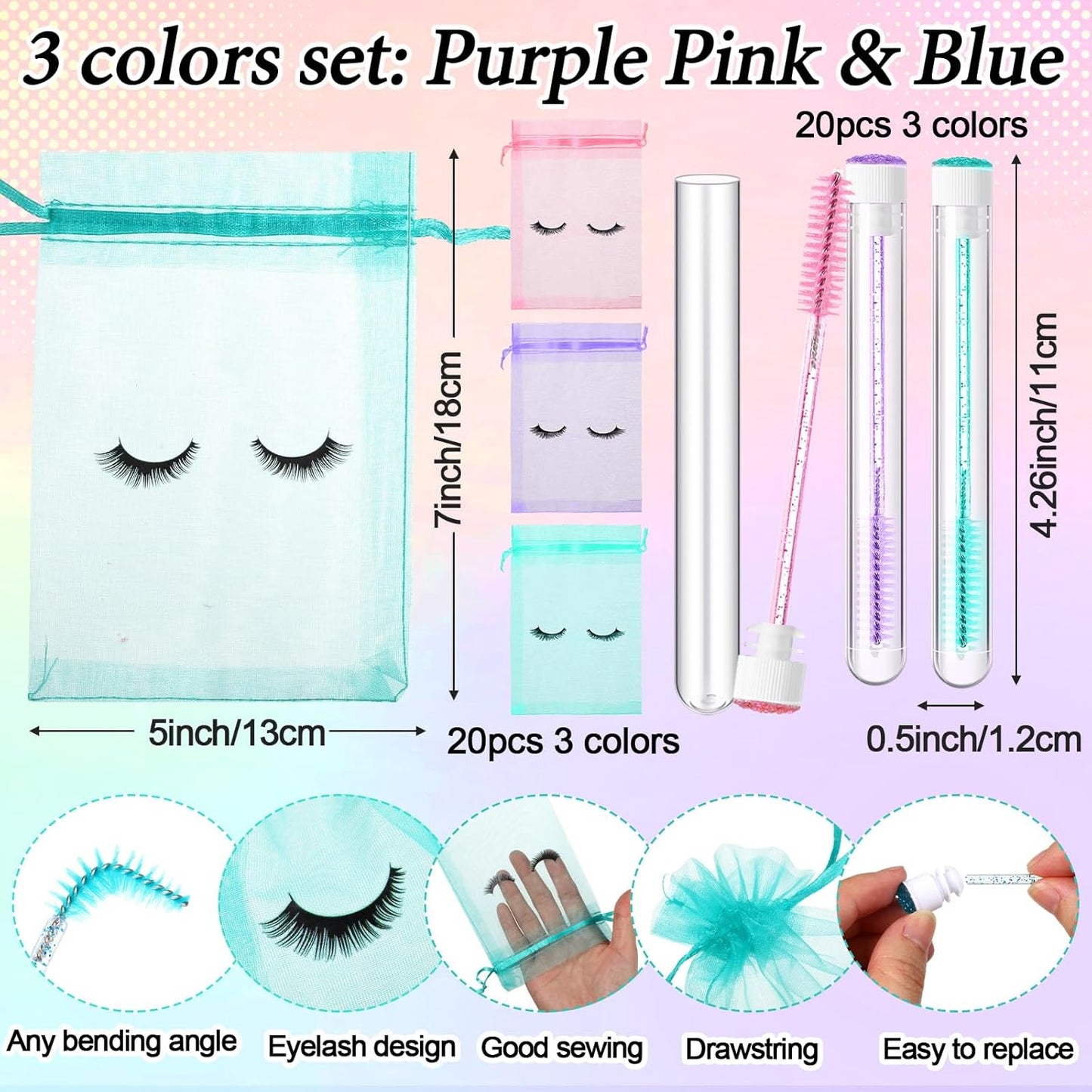 Zhehao 80 Pcs Lash Shampoo Bottle Brushes Kit 20 Foam Pump Dispensers 20 Lash Shampoo Brushes 20 Eyelash Aftercare Bag 20 Cleaning Pipes, Eyelash Extension Supplies (Mixed Colors)