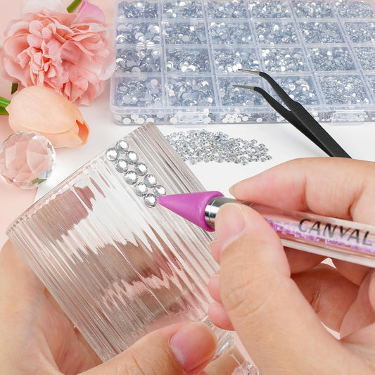 Canvalite 25000Pcs Resin Jelly Rhinestones for Crafting, Clear Flatback Gems, Bedazzling Crystal with 5Pcs 2.5g B7000 Jewelry Glues and Tweezers and Dotting Pen for DIY Crafts Clothing Shoes Nail Art