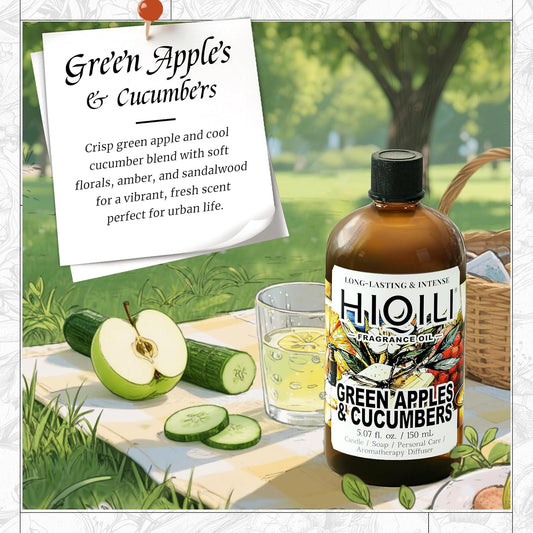 HIQILI Green Apples & Cucumbers Fragrance Oil for Candle, Soap, Perfume Making, Inspired by D.Ka-Ran B.De-Licious, Fresh Scents, Add to Skin & Hair Care Products - 5.07 Fl Oz