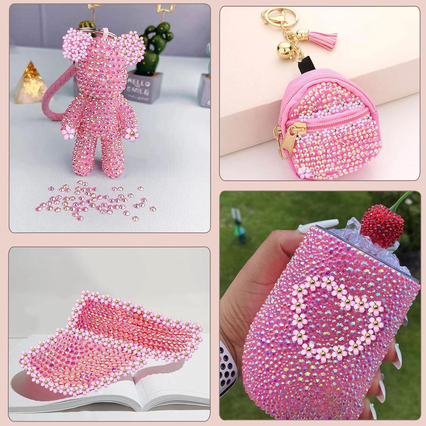 Flatback Nail Art Rhinestones Flower Nail Charms with AB Rhinestones Glue Gel Pink Nail Supplies Accessories Gems Resin Rhinestones for Bedazzling Crafting & Women Nails Design Decor