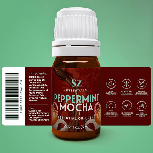 Peppermint Mocha Premium Essential Oil for Diffuser 100% Pure Essential Undiluted Oil - Extracted from Peppermint, Coffee, Cocoa with Vanilla Overtones - Plant Based - 0.17 Fl Oz (5ml)