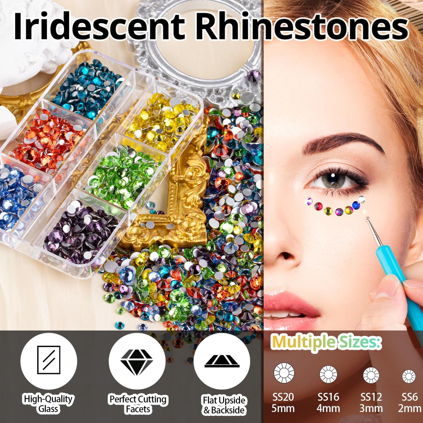 Colorful Face Gems for Makeup Set, Flatback Gorgeous AB Glass Gems+Mixed-Colored Crystals with Picker Pencil, Makeup Glue, Dual-End Dotting Tool, Tweezer for Eye Body Hair Make-up and Nail Art Deco