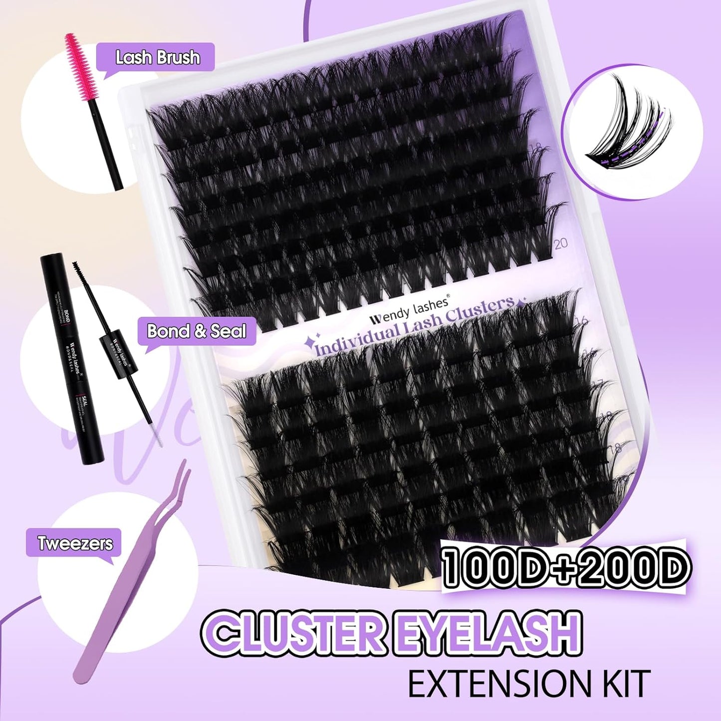 Lash Clusters Kit for Using at Home: Ultra-light, DIY, Natural, Fluffy, Wispy, Waterproof, Anime, Manga, Cat Eye, D Curl, 16-20mm, 100P+200P, Wendy, RT318