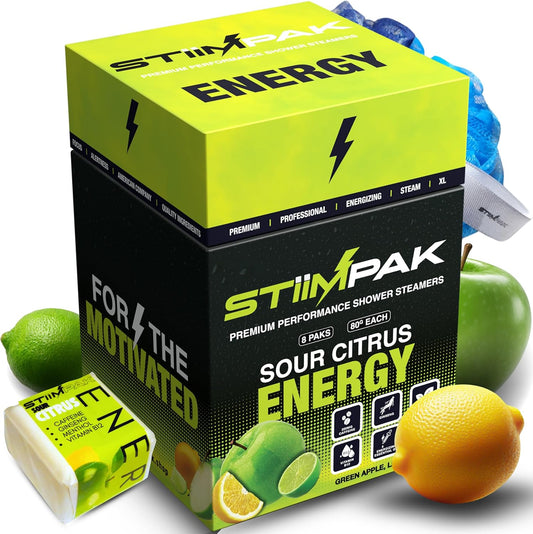 Shower Steamers | Energy | XL 80g Long Lasting | Caffeine, B12, Ginseng, & Menthol | Gift for Men & Women | Extra Strength Aromatherapy for Focus & Productivity | Sour Citrus | STiiMPAK (8 Pack)