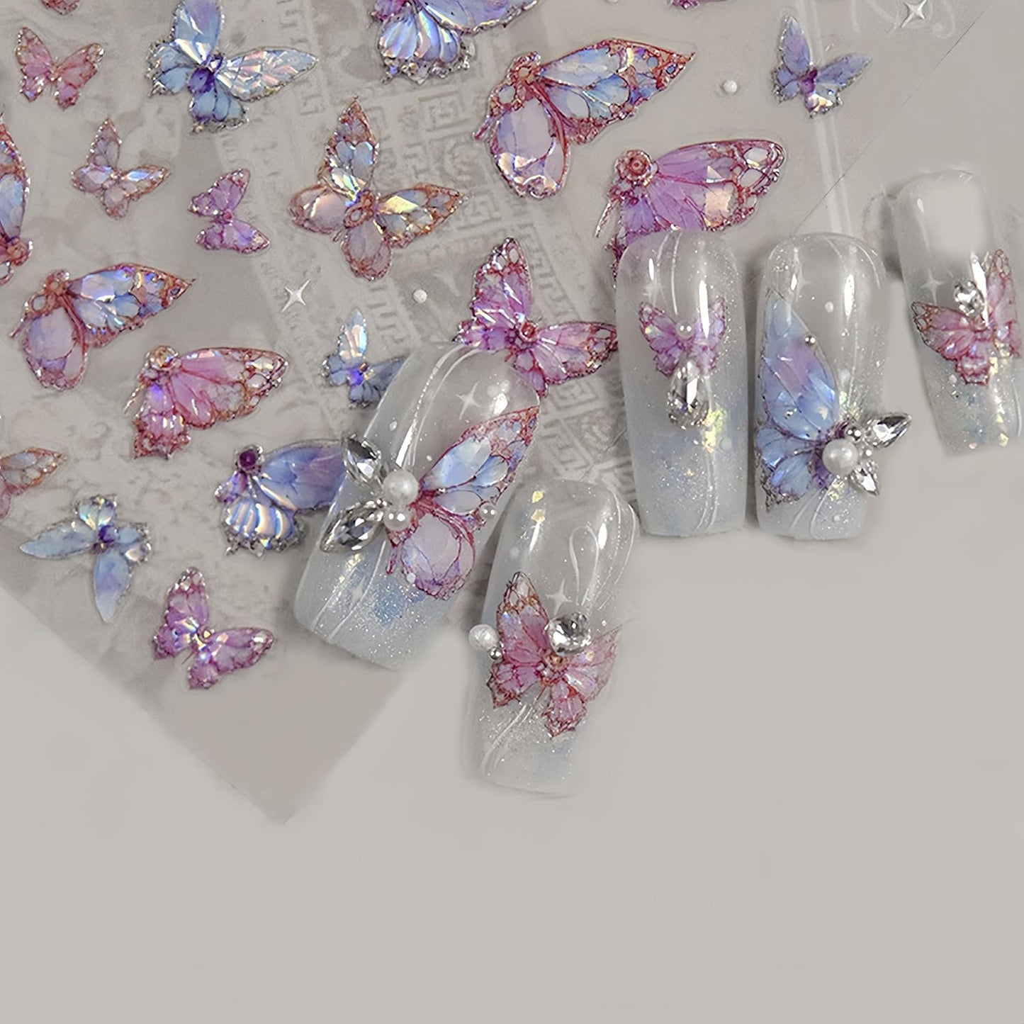 2 Sheets Butterfly Nail Art Stickers 5D Embossed Self-Adhesive Pink Aurora Sparkling Butterfly Nail Decals Designs for Women Girls DIY Nail Decoration