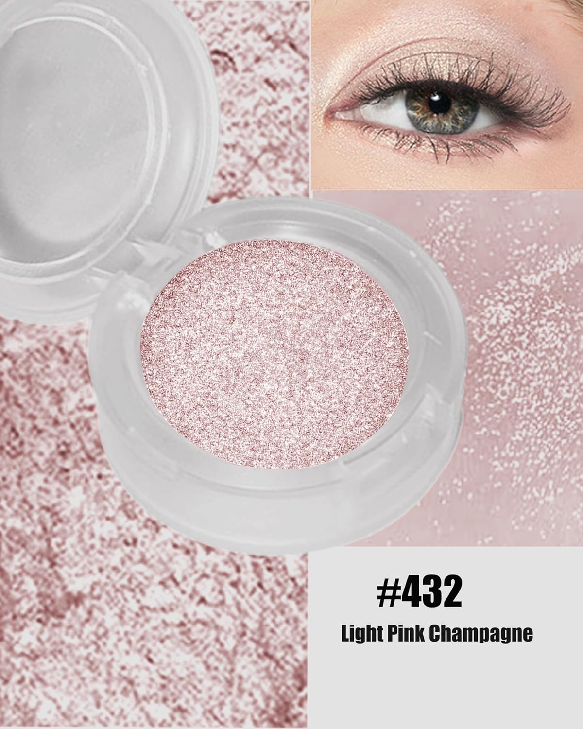 Single Glitter Eyeshadow, Shimmer Glitter Eye Shadow Champagne Light Glow Palette Makeup, High Pigment Waterproof Sparkly Pressed Eye Shadows Powder with Lightweight, Blendable for Daily Eye Look-432