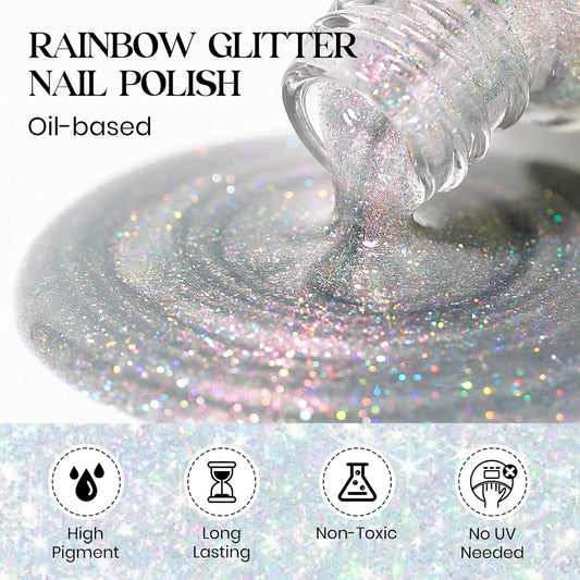 MIZHSE Rainbow Glitter Nail Polish, Quick Dry Iridescent Nail Polish, 15 ml 0.5 fl oz High Glossy Sparkle Shiny Nail Pigment Oil-based Nail Lacquer Nail Art Salon Manicure Home
