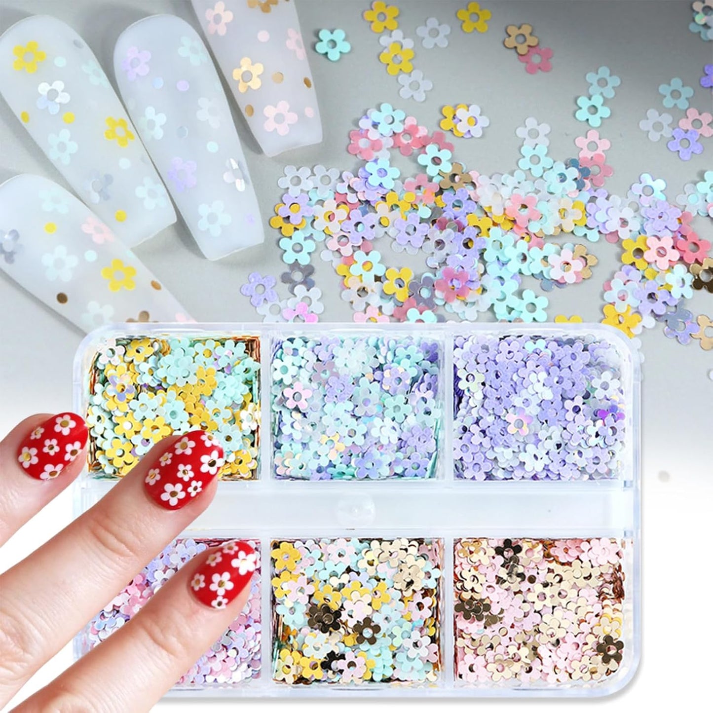 6 Grids Hollow Plum Flower Sequins for Nail，Mixed Colorful Floral Nail Flakes 3D Confetti Flowers Nail Glitter Shiny Flower Nail Flakes Acrylic Nails Supplies for Women Girls Manicure Decorations